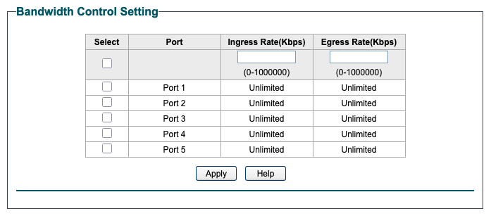 TP-Link managed switch speed restriction web UI, allowing per-port configuration, which is unlimited by default