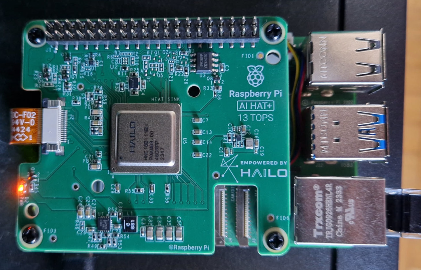 Hailo AI accelerator HAT stacked on top of a Raspberry Pi 5